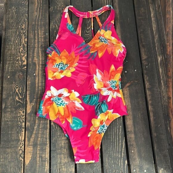 Kona Sol Women's Plus Size Strappy Back One Piece Swimsuit (Pink Floral) - Picture 14 of 15